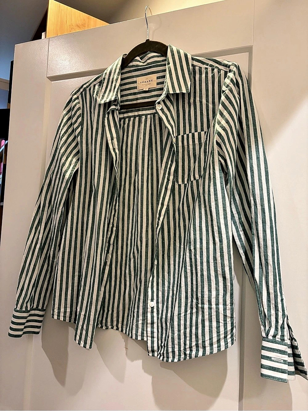 Sézane Shirt Striped Green & White Button Down Size 36